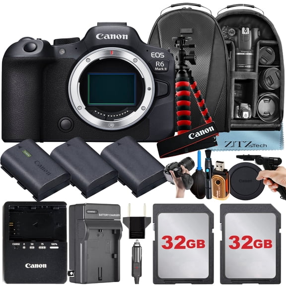 Canon EOS R6 Mark II Mirrorless Camera (Body Only) with 2 Pack 32GB Memory Card   3 Pieces Battery   Backpack   Tripod   ZeeTech Accessory Bundle (International Version)