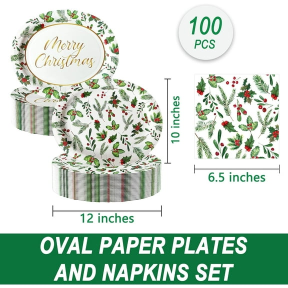 YUYAN-100Pcs Christmas Oval Paper Plates and Napkins Set -10" x 12" Large Disposable Party Plates for Christmas Party Dinner Tableware Decoration Supplies