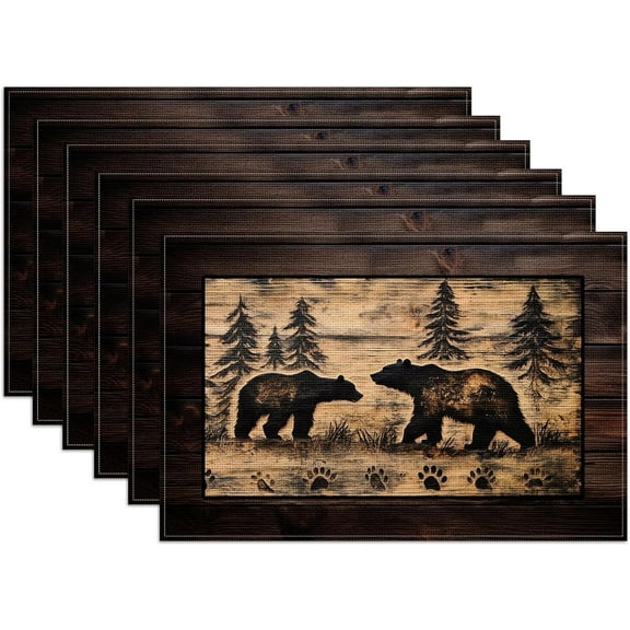 Pine Tree Placemats Set of 6, Wood Grain Linen Place Mat Washable Stain Resistant Table Mats for Farmhouse Kitchen Party 12x18 Inch