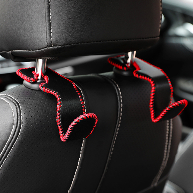 Gancho para bolso de coche, 2 en 1, ganchos para reposacabezas de asiento de coche, soporte de almacenamiento de cuero duradero para colgar bolsas de comestibles, paquete de 2, rojo