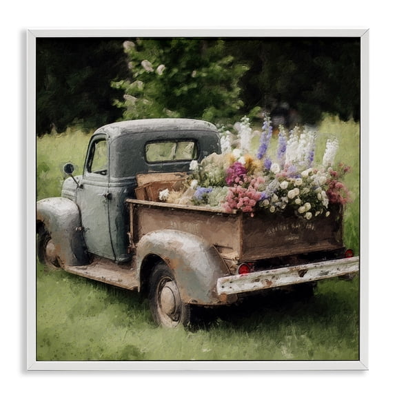 Stupell Industries French Country Rural Pickup with Flowers White Framed Giclee Art, 24 x 24, by LSR Design Studio