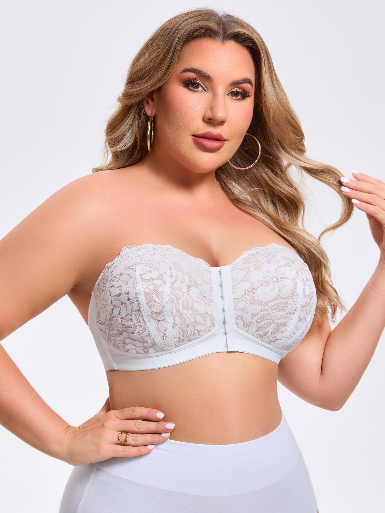 DARING DIVA Women's Lace Tube Front Closure Push Up Padded Underwire Bra 5XL White Beige
