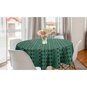 Boho Round Tablecloth, Inspired Design of Geometric Motifs, Circle Table Cloth Cover for Dining Room Kitchen Decor, 60", Dark Seafoam Yellow, by Ambesonne