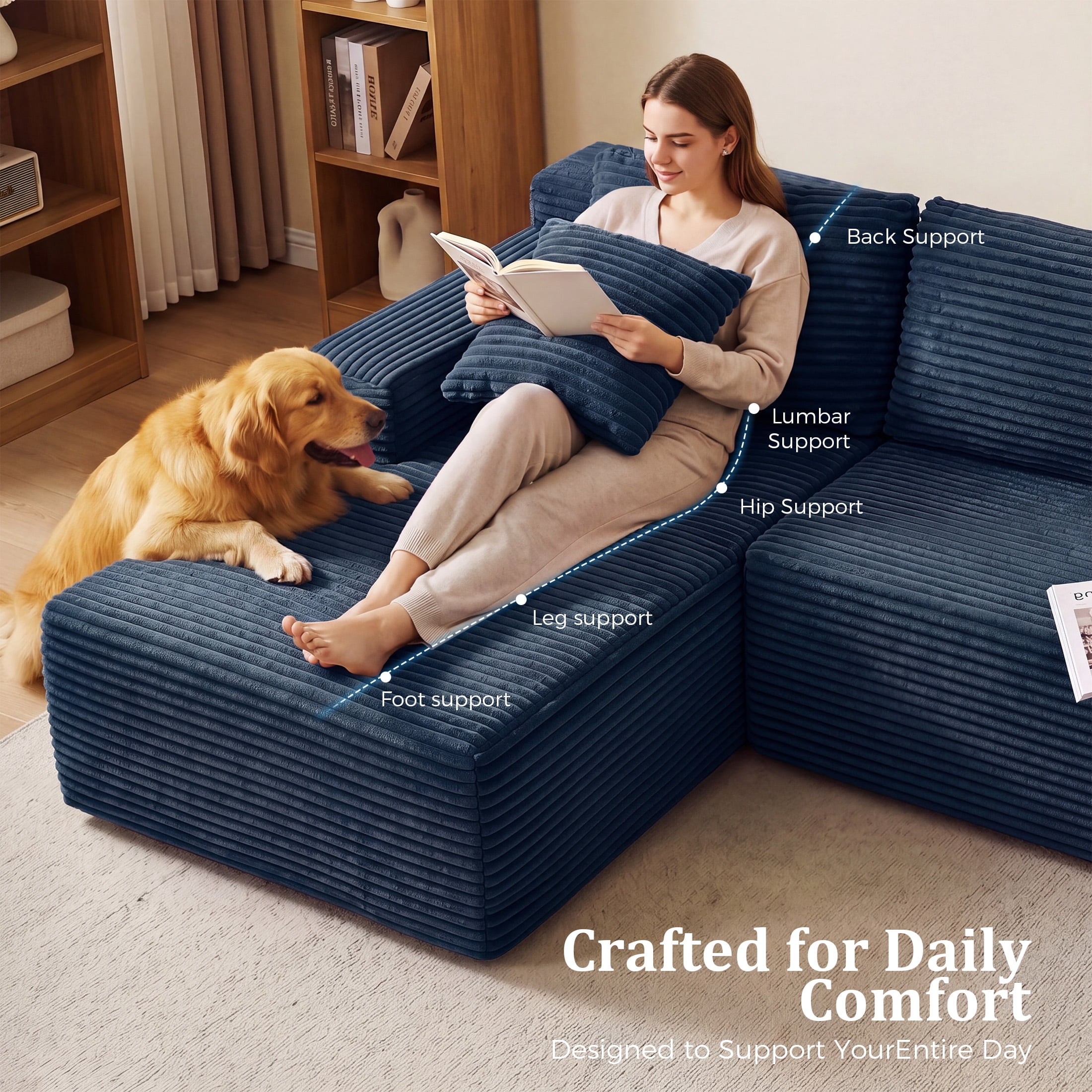 Aenkyo 95 Inch Corduroy L-Shaped Modular Sectional Sofa, Left Chaise, Blue