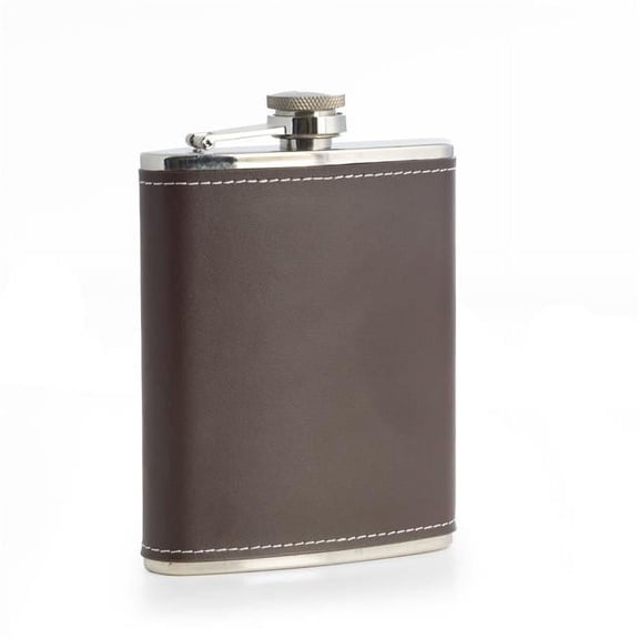 Bey-Berk International 6 oz Stainless Steel Brown Leather Flask with Contrast Stitching - Brown