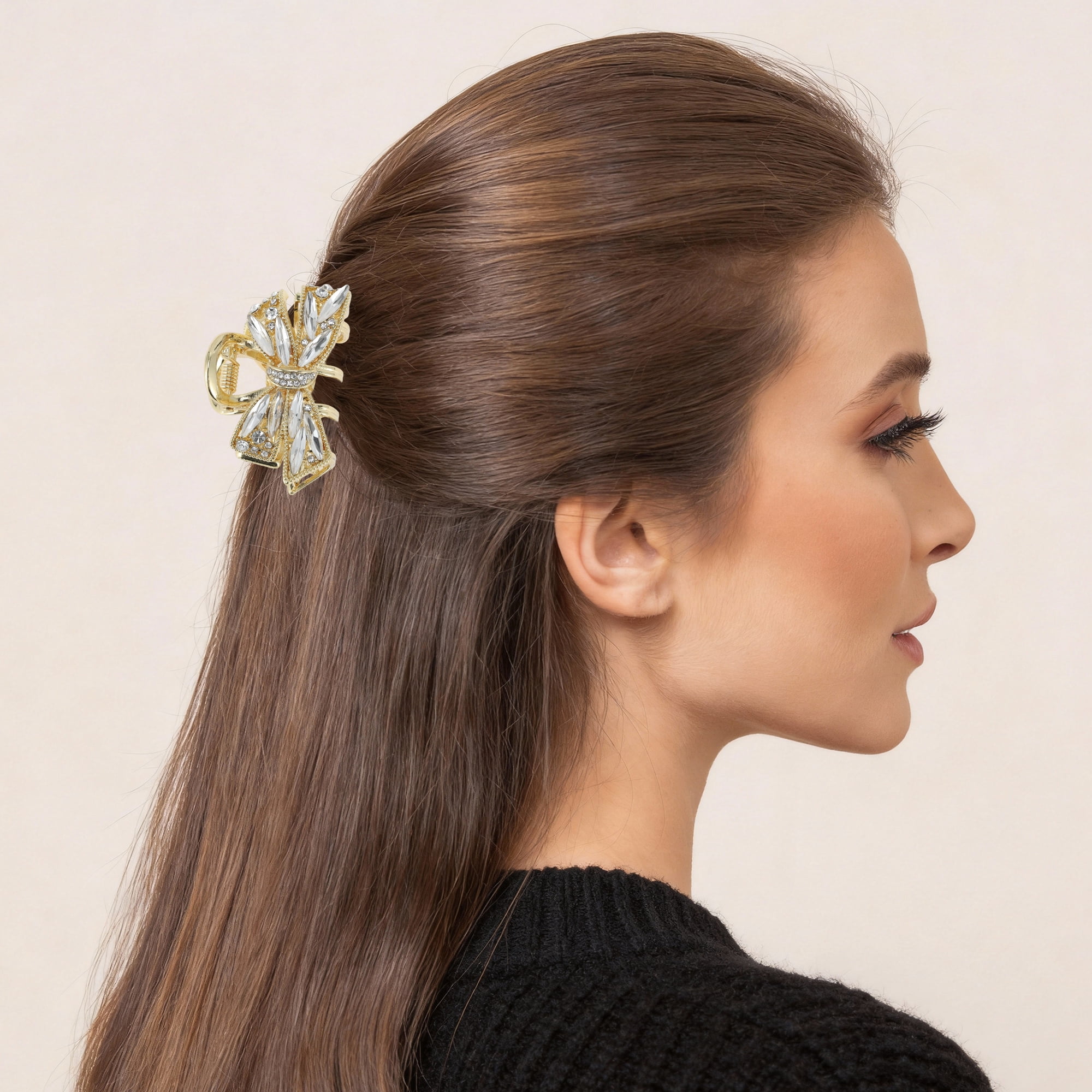 Unique Bargains Faux Crystal Bow Claw Clip in Gold Tone
