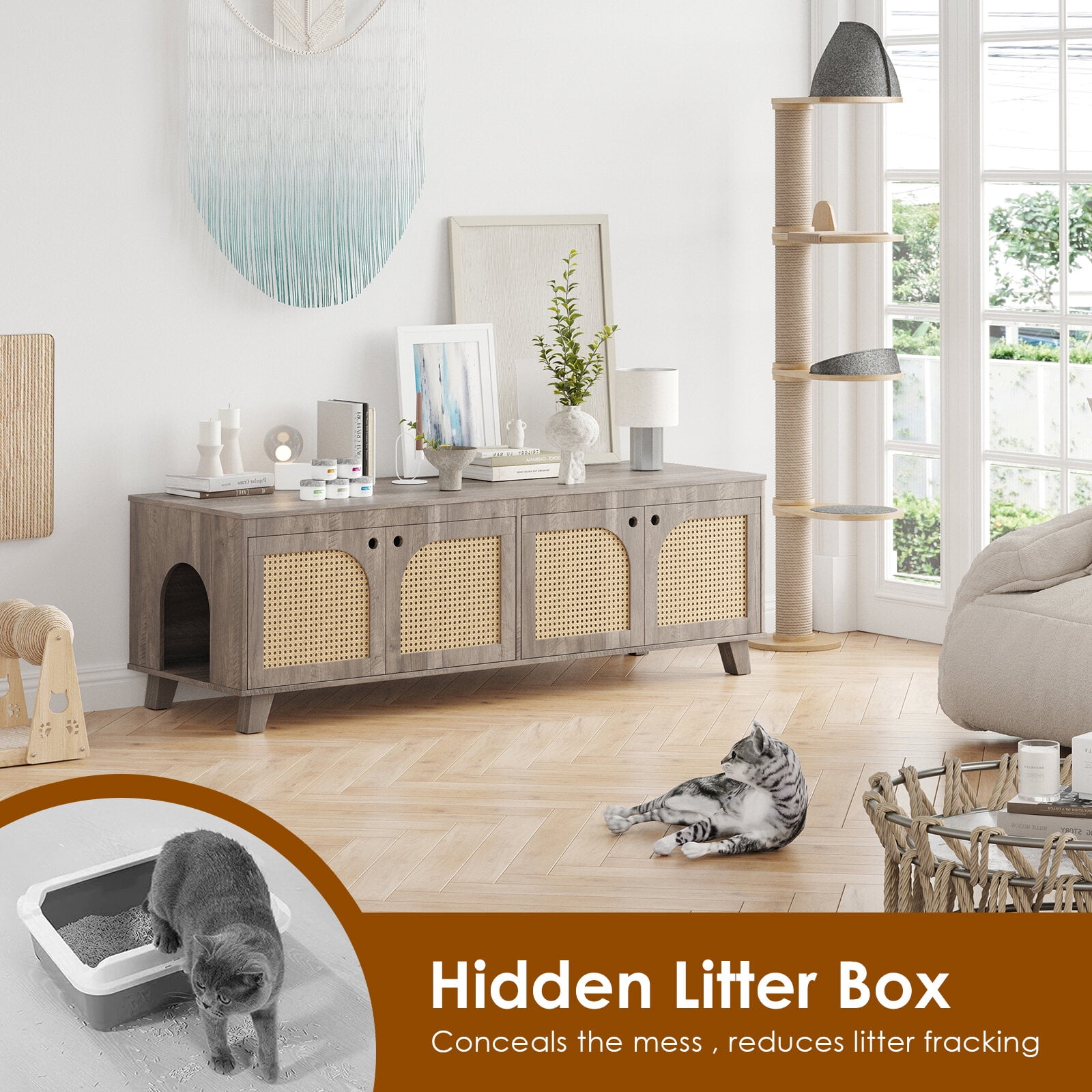 Orthopedic Dog Bed, Double Hidden Cat Litter Box Enclosure Furniture Cabinet with Rattan Decorated Doors for Two Cats, Two Entrances, Grey Dog Bed,Engineered Wood Cat Bed
