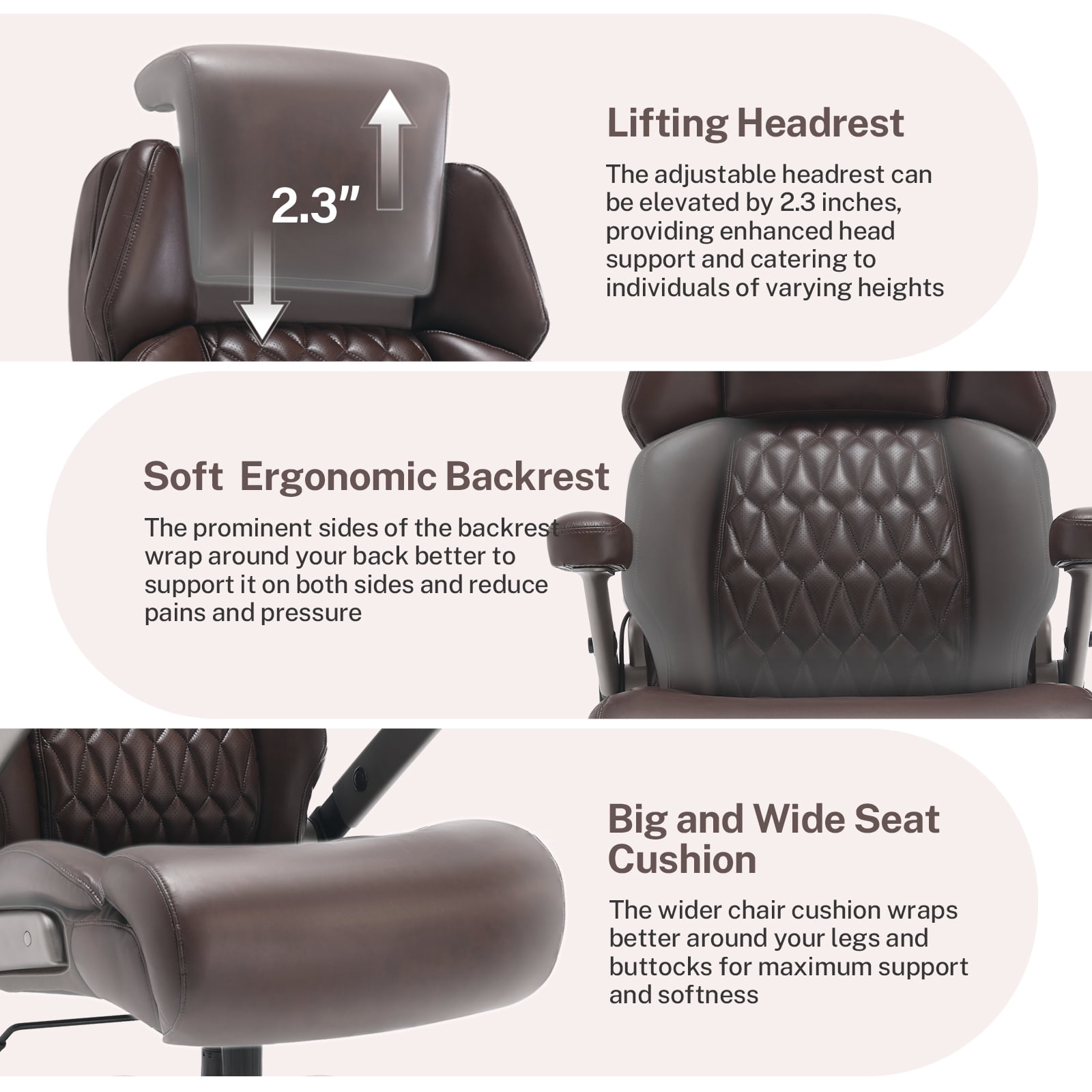 WOSDOM 700lbs Big and Tall Office Chair, Heavy Duty Executive Chair, Extra Wide Seat, Adjustable Headrest and Lumbar Support, 3D Flip up Arms, Brown