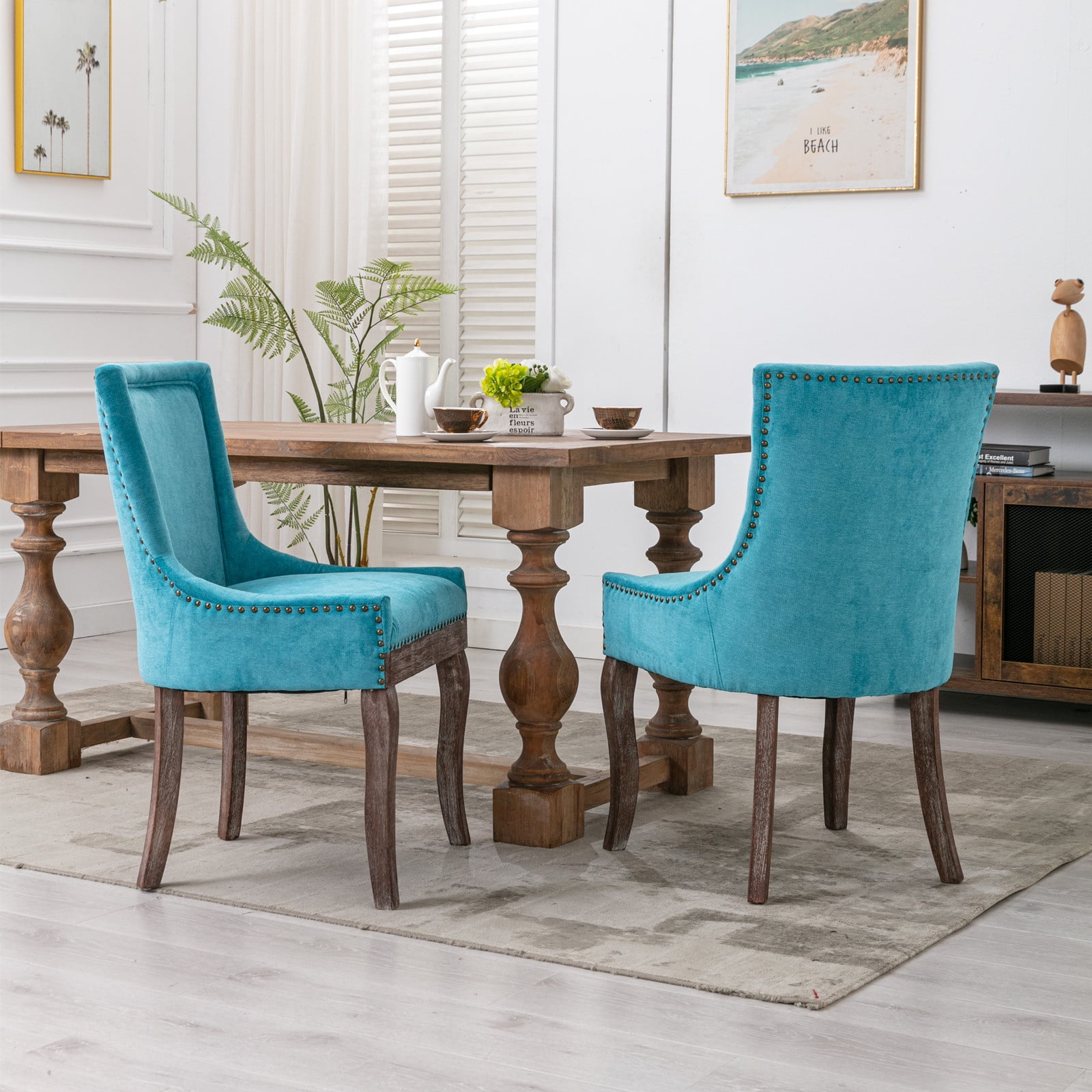 Dining Chairs Set of 2, LEGAHOME Blue Fabric Upholstered Dining Chairs, Mid-century Kitchen Chairs with High Back, Bronze Nail Head, Solid Wood Legs, Blue, 2 Pcs