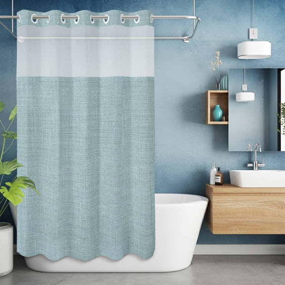 No Hook Shower Curtain with Snap in Liner, Light Blue Vintage Linen Waterproof Fabric Bathroom Curtain Mesh Top Window, Solid Color Shower Curtains 36x72in