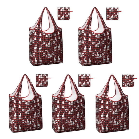 5 Pack Foldable Shopping Bag,Red Christmas Plaid Deer and Tree Pattern Reusable Grocery Bags with Pockets,Large Reusable Tote Bags with Handles Waterproof & Lightweight