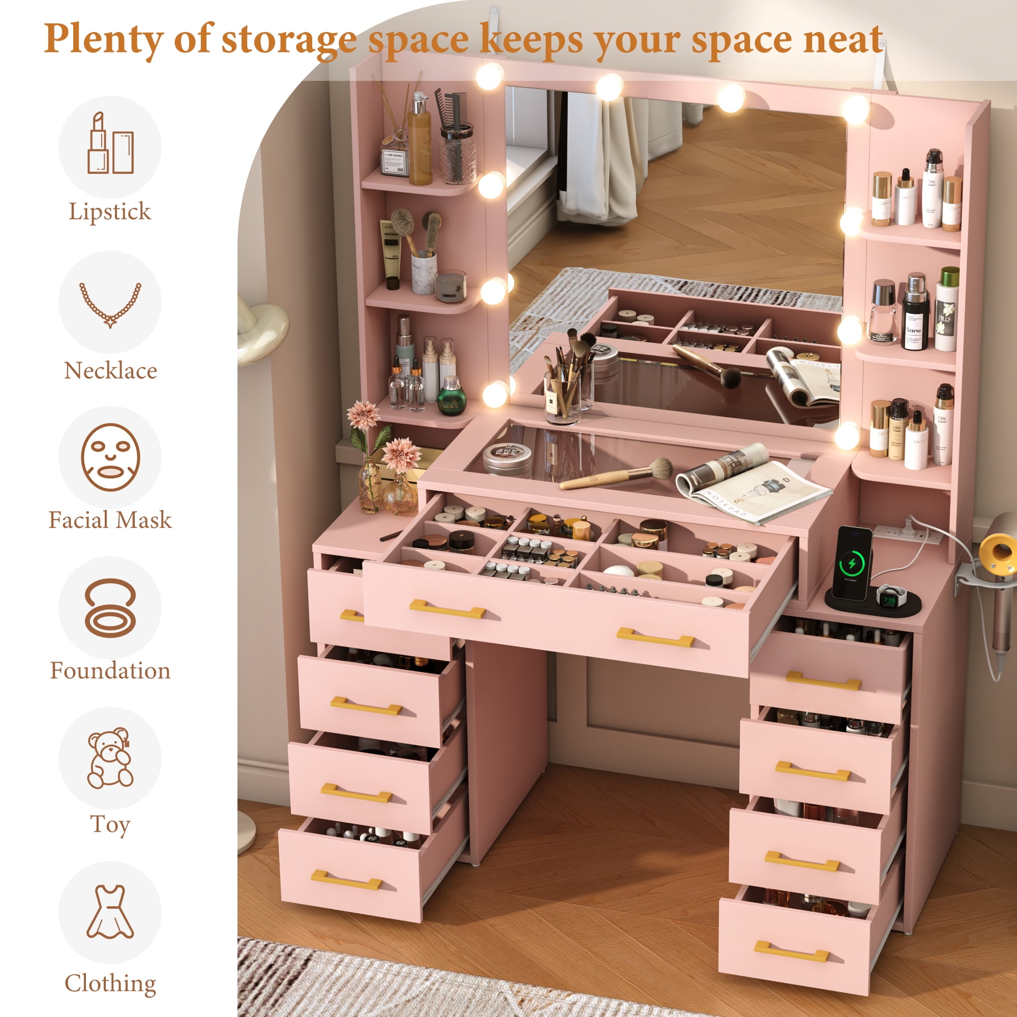 Pink Vanity Desk with Mirror & LED Lights, Glass Top Vanity Desk with Charging Station & Compartment Storage Drawers, 55" Large Makeup Vanity Table with 9 Drawers & 6 Shelves