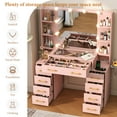 thumbnail image 5 of Pink Vanity Desk with Mirror & LED Lights, Glass Top Vanity Desk with Charging Station & Compartment Storage Drawers, 55" Large Makeup Vanity Table with 9 Drawers & 6 Shelves, 5 of 7