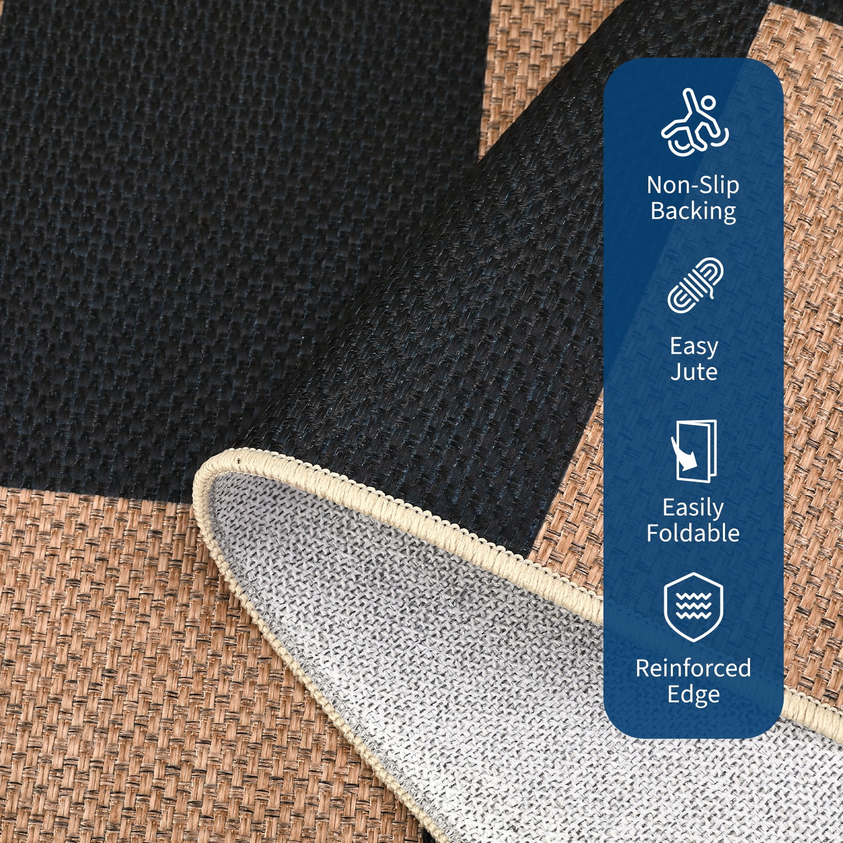 Hasoo Easy Jute Check Area Rug for Living Room Washable 5' x 7' Non Shedding Neutral Indoor/Outdoor Decor Carpet, Brown/Black