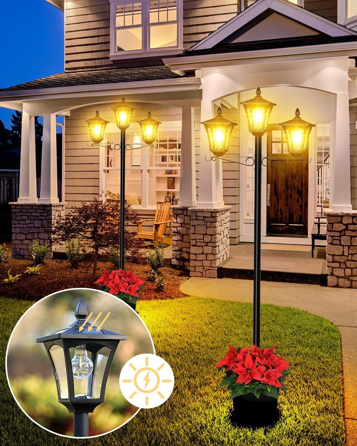 3-Head Solar Lights Outdoor Waterproof, Solar Lamp Post Light with Planter, 2 in 1 Outdoor Flower Pots for Garden, Yard