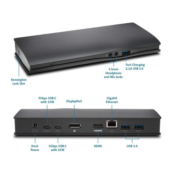 Kensington SD4500 USB-C Universal 5Gbps Dual-4K Dock - DisplayPort and HDMI Ports - docking station - HDMI | K38230WW with free Retractable stereo headphones