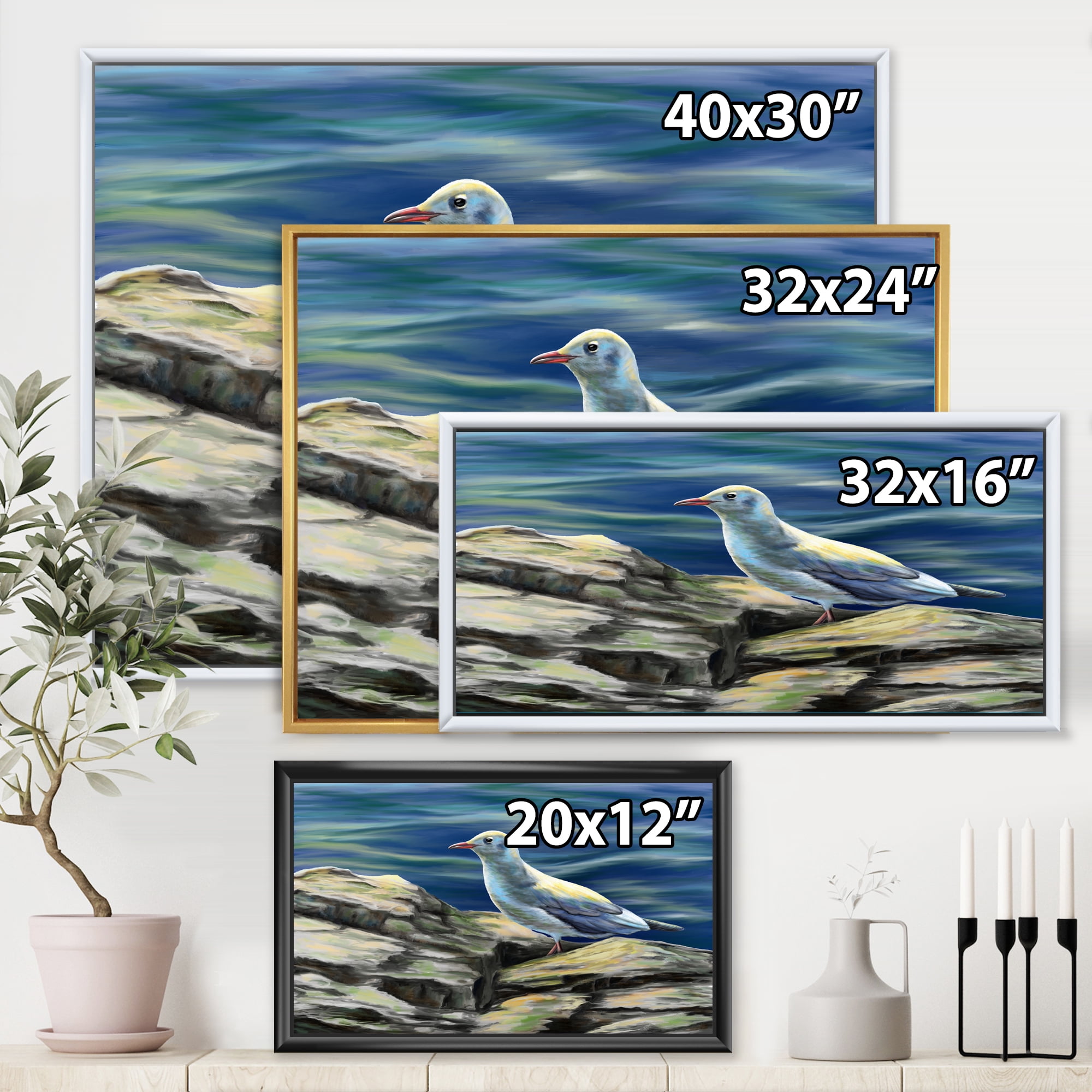 Designart 'Portrait of Seagull Birds By The Sea' Nautical & Coastal Framed Canvas Wall Art Print