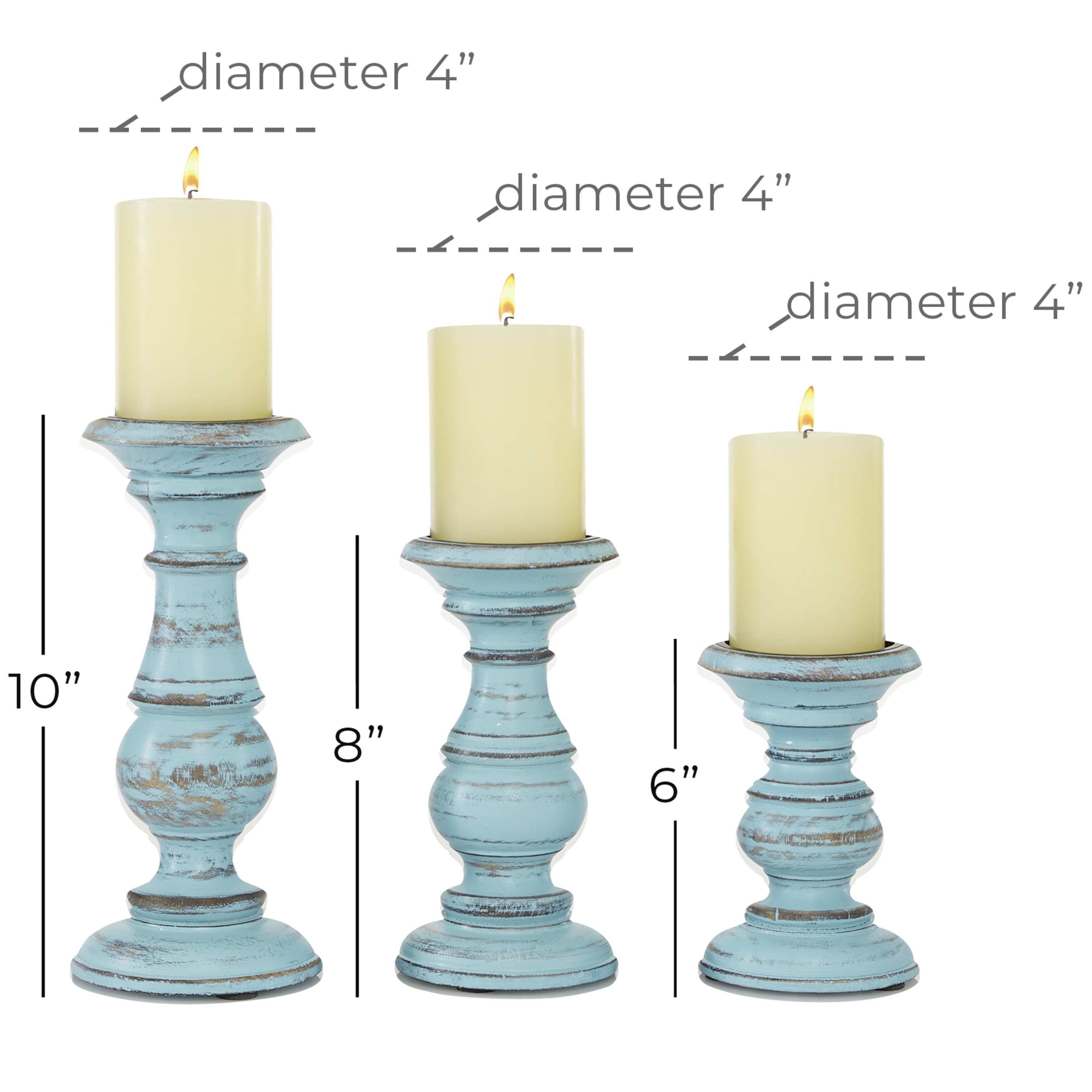DecMode Traditional and Timeless Mango Wood Pillar Candle Holder Set of 3,  6, 8, 10H, Light Blue Finish 