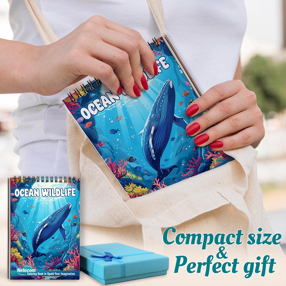 Netecom Ocean Wildlife Coloring Book Spiral Bound for Adults, A5 Wooden Cover, 30 Beautiful Coloring Pages of Life Undersea for Stress Relief and Relaxation