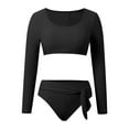 thumbnail image 5 of Women Long Sleeve Crop Top Two Piece Cheeky High Cut Thong Bikini Swimsuit Floral Rash Guard Bathing Suit Black L, 5 of 5
