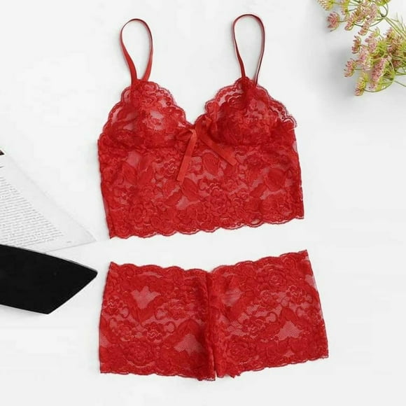 LSLJS Women's Lace Cami With Short Lingerie Pajama Set 2 Piece Underwear Sleepwear, Sexy Night Gowns for Woman