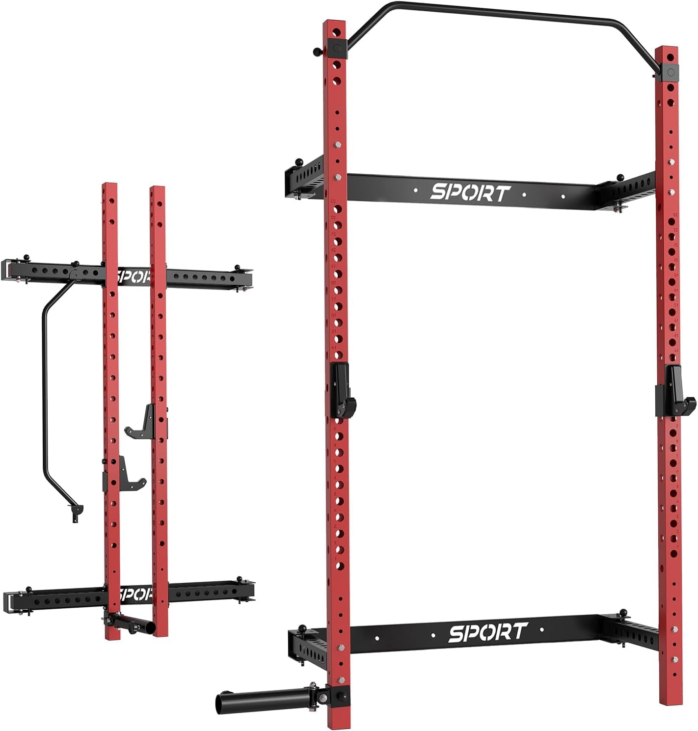 Riedhoff Folding Wall Mounted Squat Rack with Pull Up Bar, 47 x 22 x 89", Black & Red