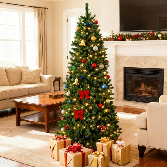 7.5ft Pre-Lit Slim Artificial Christmas Tree, Hinged Xmas Tree with Hinged Structure & Metal Stand for Home, Shops and Holiday Decoration