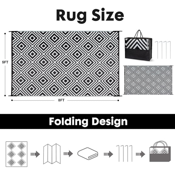 Reversible Plastic Straw Rug 5x8 ft Waterproof Outdoor Mat for Camping Picnic Beach RV Large Floor Area Rug