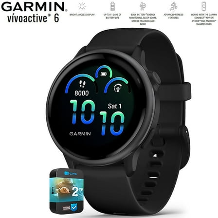 Garmin 010-02985-00 VIVOACTIVE 6 Health and Fitness GPS Smartwatch Black with Silicone Band Bundle with 2 YR CPS Enhanced Protection Pack
