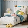 thumbnail image 1 of Tamaño individual forrado cama platform con estante de libros cabecero, cream blanca, heavy-duty steel support legs, easy to assemble, noise-free, no necesita colchón base, 1 of 8