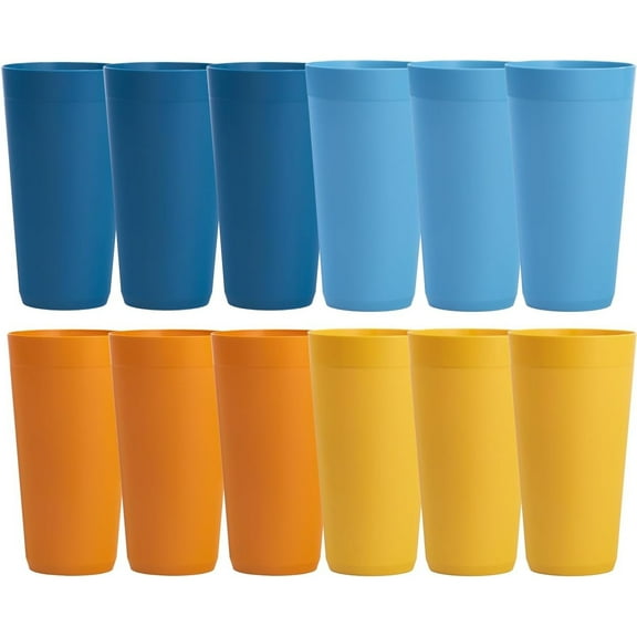 Newport 32 ounce Unbreakable Plastic Stackable Iced-Tea Tumblers in 4 Sunrise Colors | Set of 12 Drinking Cups | Reusable, BPA-free, Made in the USA, Top-rack Dishwasher and Microwave Safe