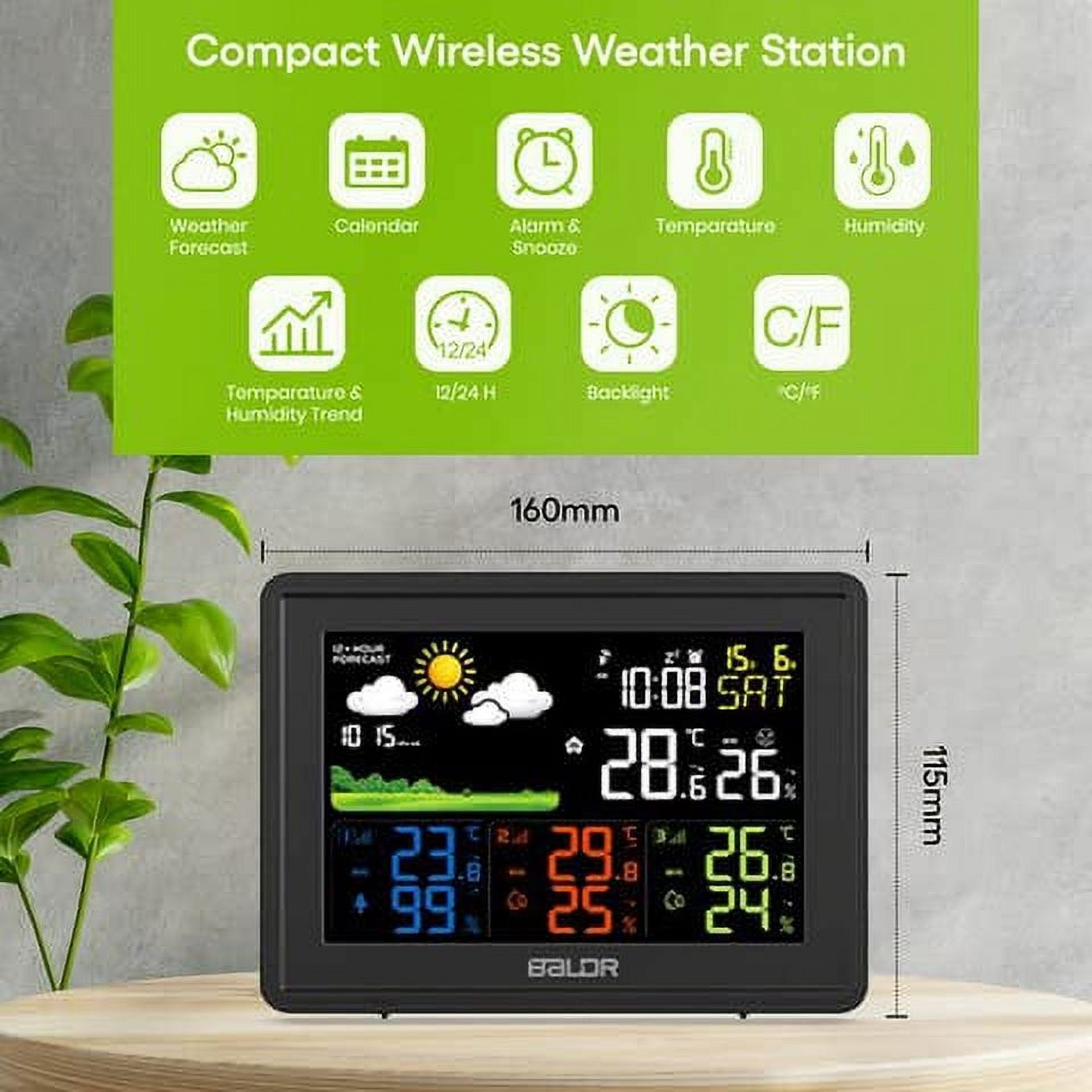 Baldr Weather Station with Indoor Outdoor Thermometer, 3 Wireless Sensors, Atomic Clock, Humidity Monitor