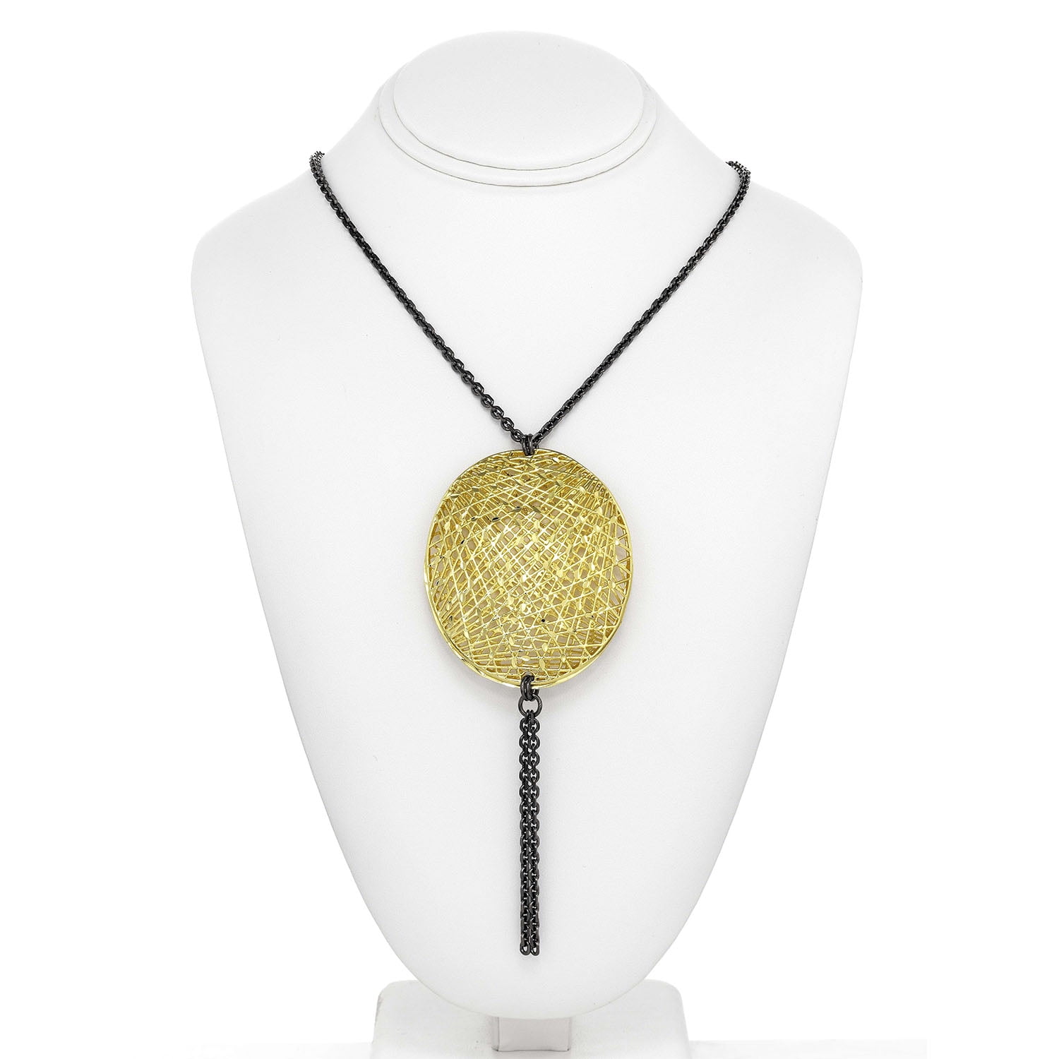 X & O 18K GEP and Ruthenium Plated Oval Mesh Disc Long Chain Hanging Necklace