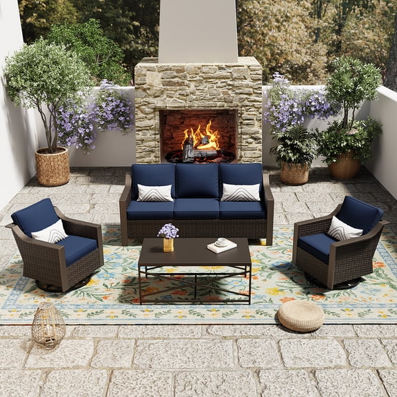 Outdoor Conversation set, 4PC, Three-seat Sofa, Two Swivel Chairs and One Table, PE Woven Wicker, Blue
