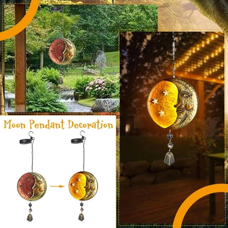 

〖Yilirongyumm〗 Home Decor Metal Iron Face Wrought Pendant Moon Wall Energy Chimes Wind Solar Hangings Home Decor