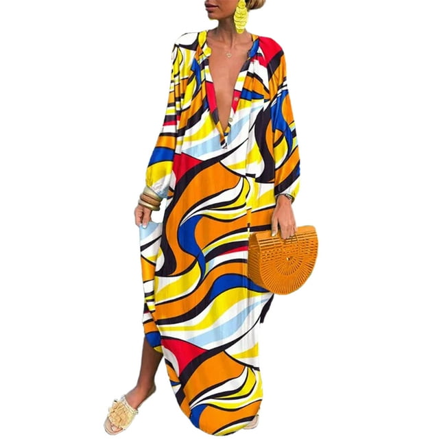 Innerwin Robe Boutonnée Femme Robes Maxi Automne Manches Longues Ample Jaune TTG