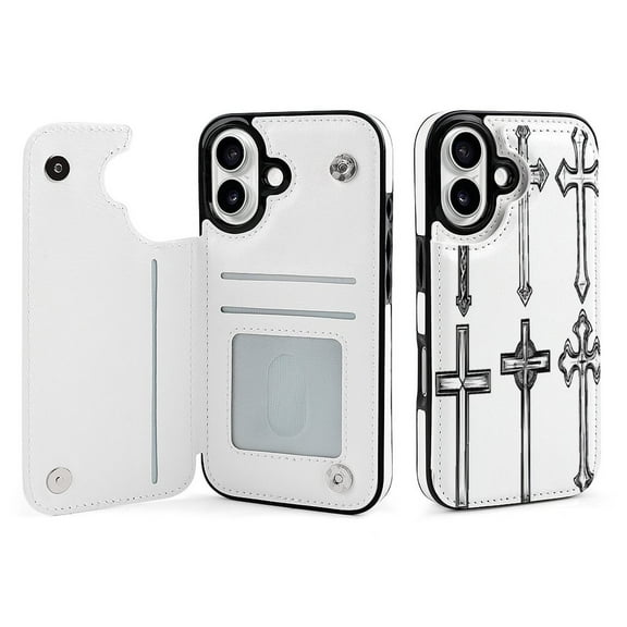 Compatible with iPhone 11 12 13 mini 14 15 16 Pro Max Plus Wallet Case with Card Holder, PU Leather Kickstand Card Slots Case ( Christian Cross Vector, iPhone 16)