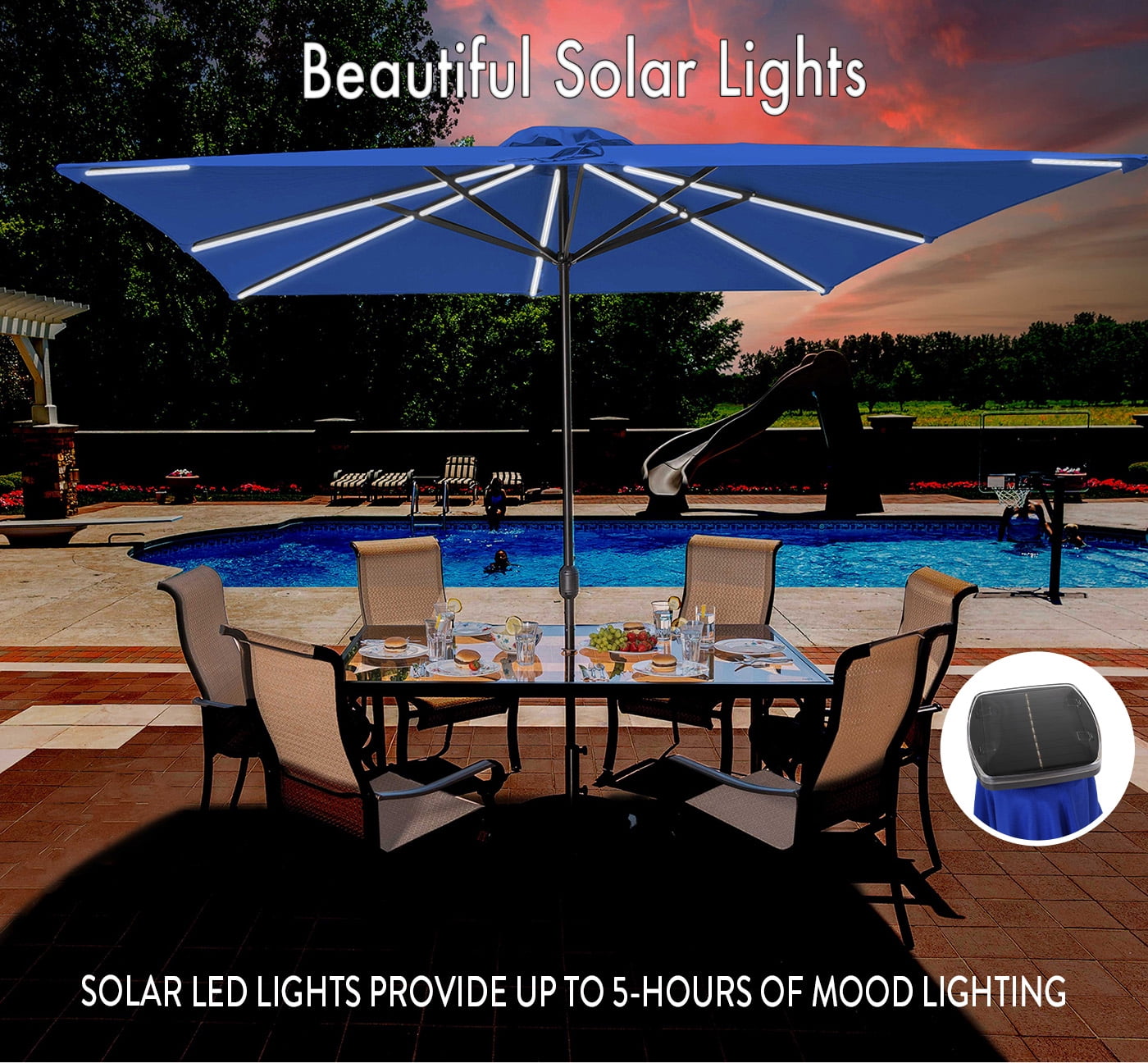 Freetime Fun Heavy Duty Ibiza 8' x 10' Rectangular Outdoor Patio Umbrella with Solar Lights, Blue