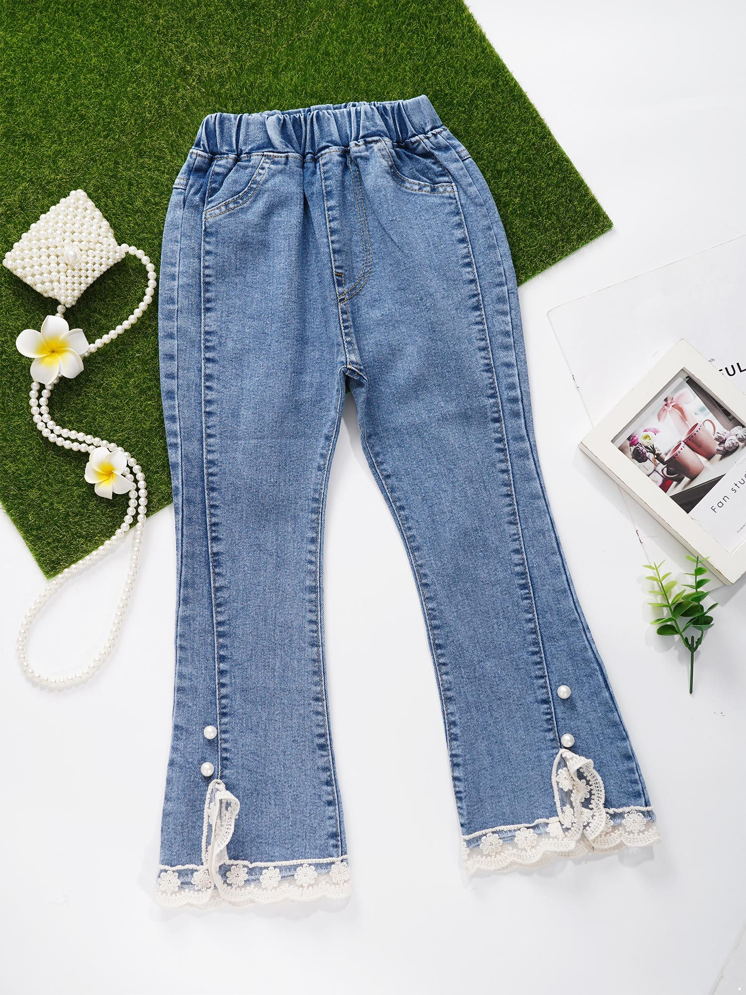 inhzoy Kids Girls Bell Bottom Jeans Lace Hem Flare Denim Pants,Sizes 5 ...