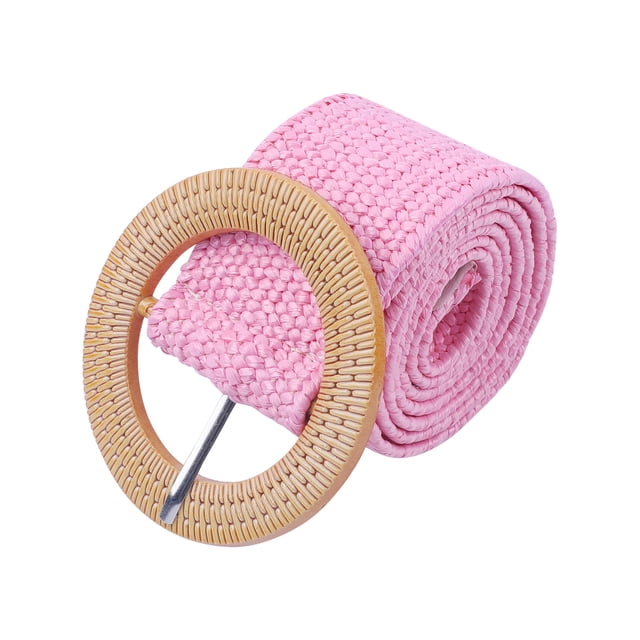 Cinturón trenzado de paja de plástico estilo algodón y lino para mujeres INSPIRE CHIC con hebilla circular para vestidos 96x5cm/37.8x2.0" Rosa