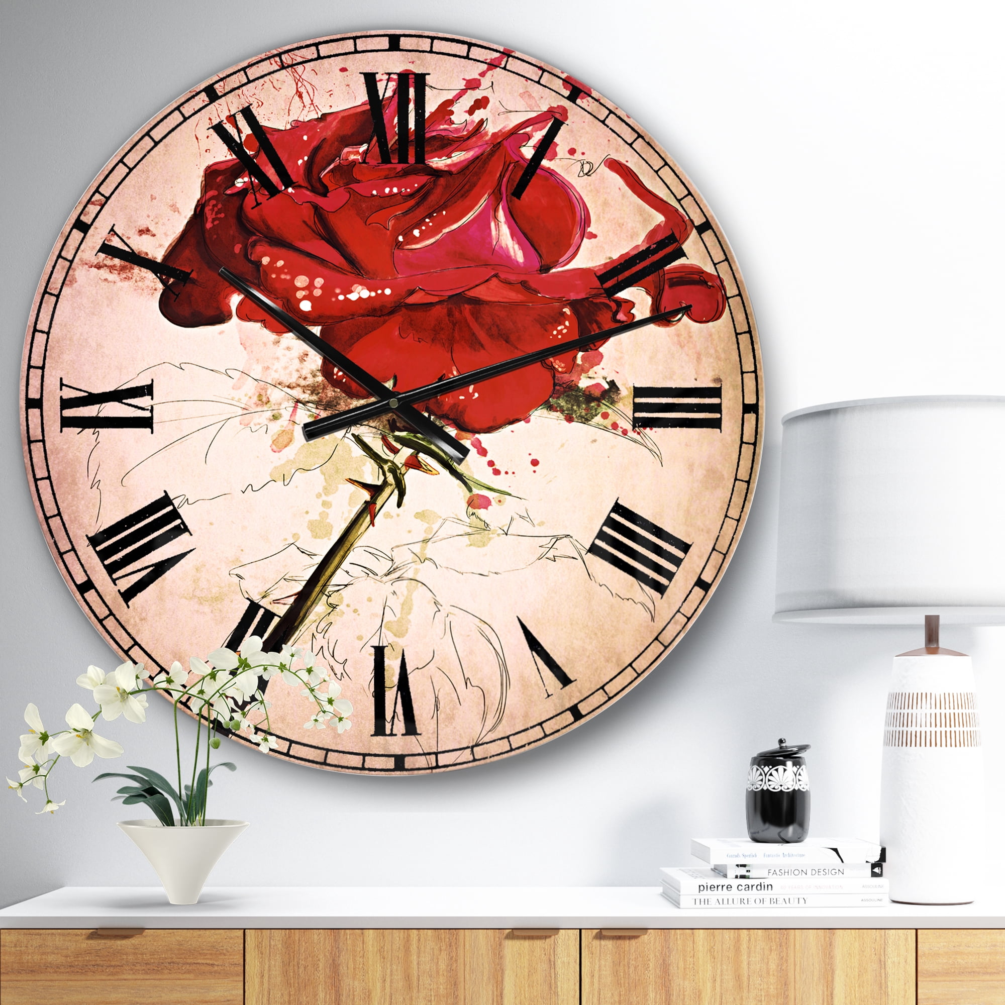 Designart 'Rose Sketch with Stem on White' Traditional wall clock
