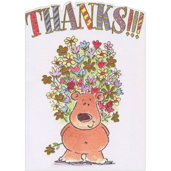 Designer Greetings Bear Holding Bouquet of Flowers Behind Back Funny / Humorous Thank You Card
