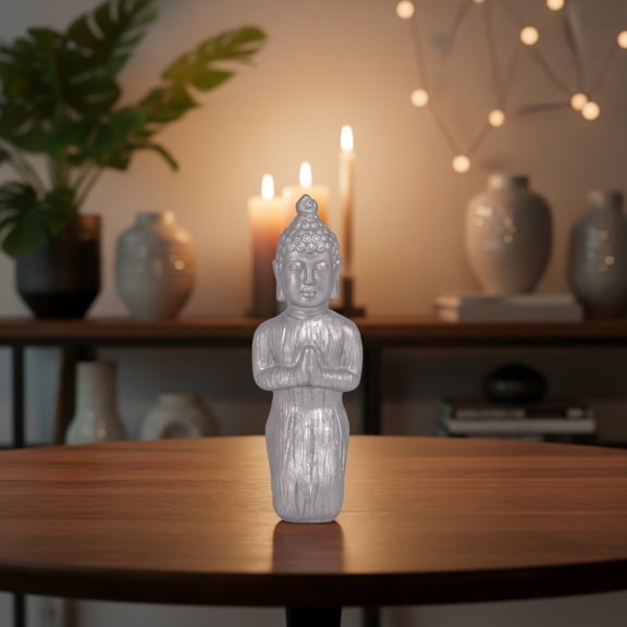 Tahlea Cement Praying Buddha Statue, Silver Hand-Painted Kneeling Meditation Decor
