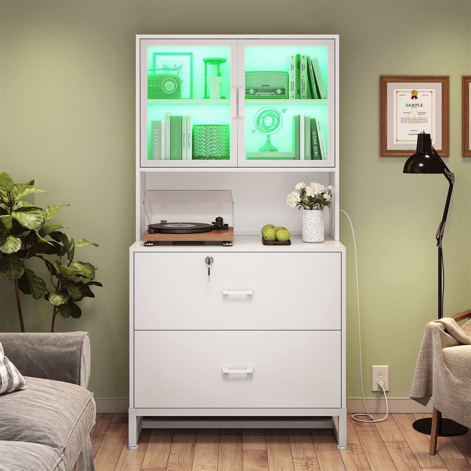 File Cabinet with Power Outlets and LED Lights, Vertical Filing Cabinet with 2 Lockable Drawers, Large Cabinet with Glass Doors for Office, White