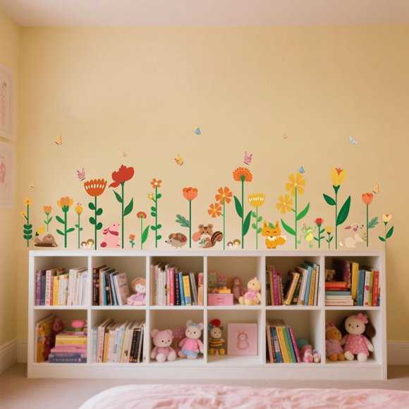LOMILY Flower Animals Wall Stickers Kids,Nursery Wall Decals,Daycare Playroom Wall Decals Peel and Stick Removable,Baby Wall Decors for Preschool,Boy,Girl,Toddler,Bedroom.
