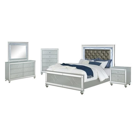 Gunnison 5-piece Eastern King Bedroom Set with LED Lighting Silver Metallic
