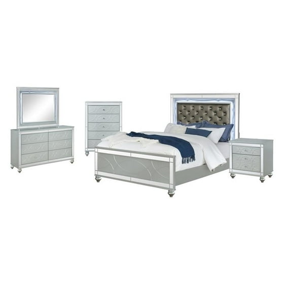 Gunnison 5-piece Eastern King Bedroom Set with LED Lighting Silver Metallic