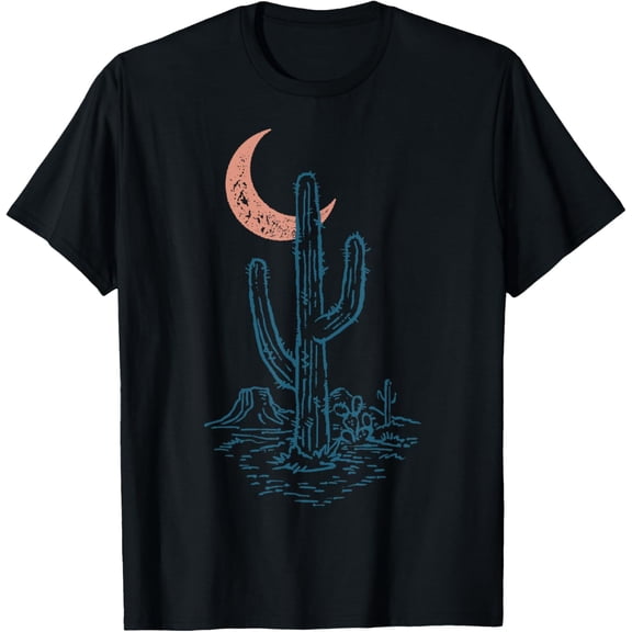 Desert Cactus Outline Under Crescent Moon Distressed V2 T-Shirt men and women can wear, black, white, gifts