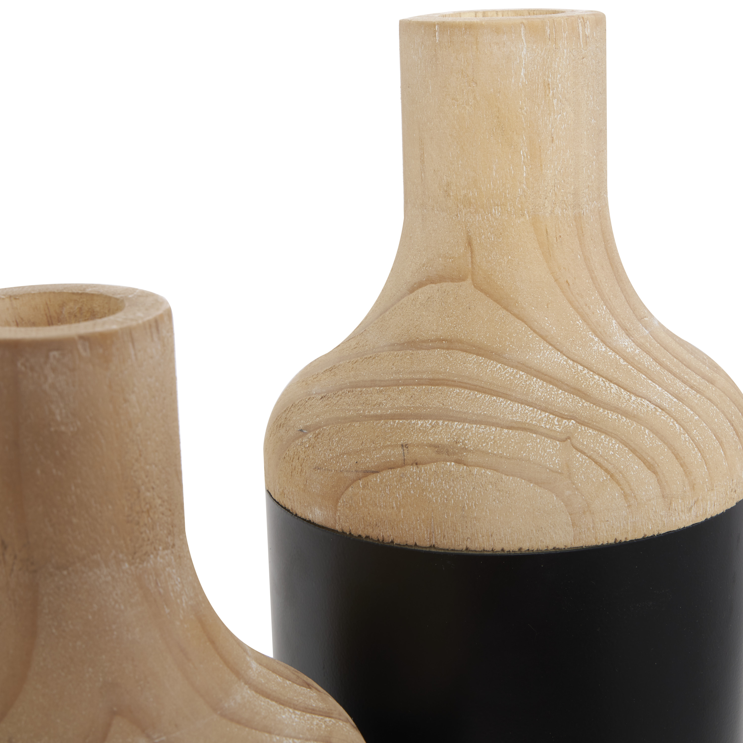 DecMode 12", 10"H Colorblock Black Wood Vase with Light Brown Wood Tops, Set of 2