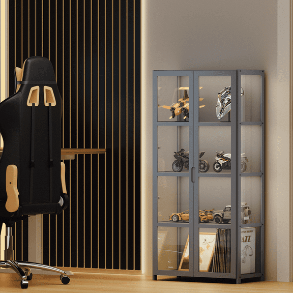 MoNiBloom Modern 51" 4-Tier Transparent Display Cabinet with Acrylic Double Door, Curio Cabinet Collection Display Case, Floor Standing Showcase Bookshelf for Living Room Bedroom Home Office, Gray